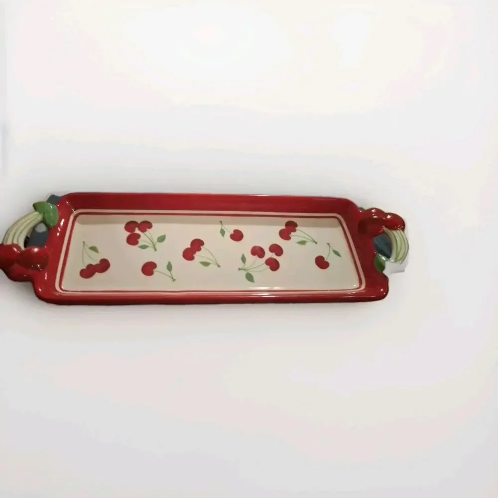 LARGE SONOMA CHERRIES JUBILEE Long Ceramic Cracker Tray 15